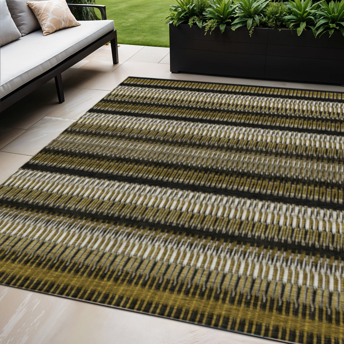 5' X 8' Brown Ivory And Black Striped Washable Indoor Outdoor Area Rug