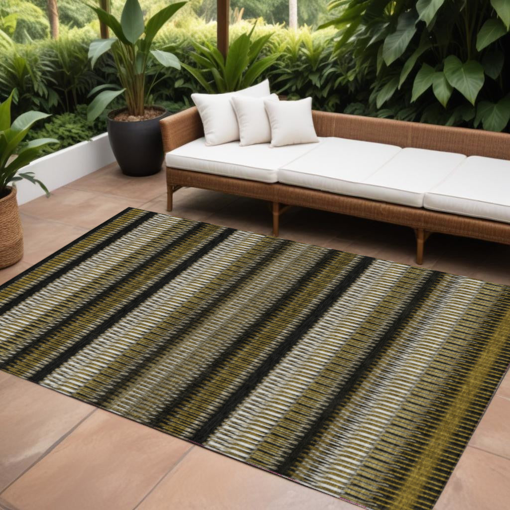 9' X 12' Brown Ivory And Black Striped Washable Indoor Outdoor Area Rug