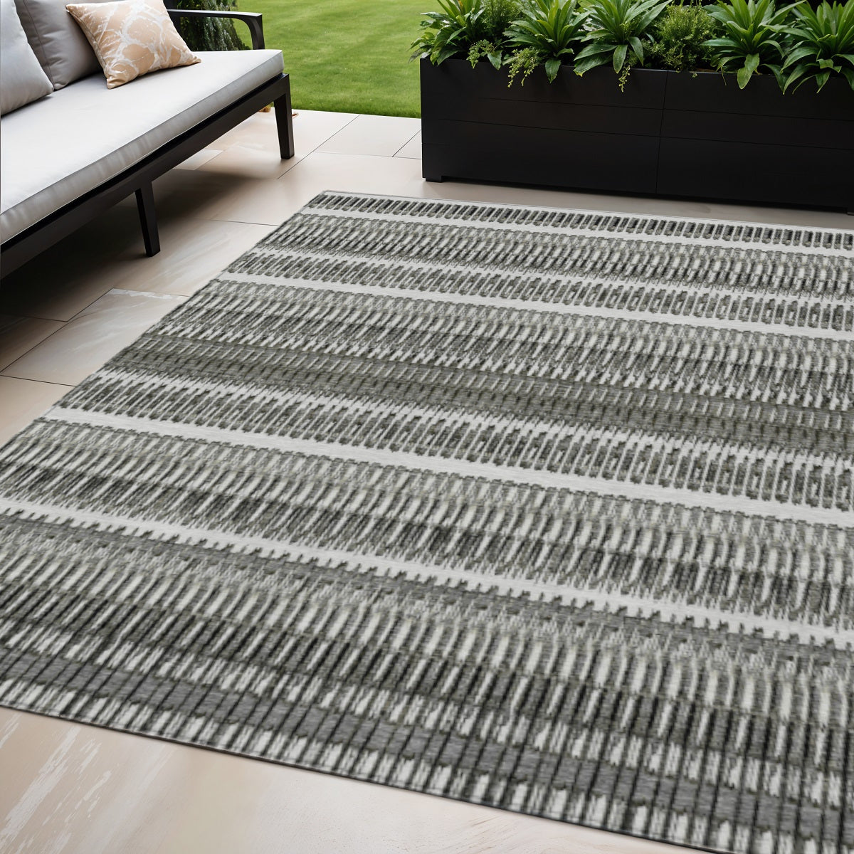 5' X 8' Gray Charcoal And Ivory Striped Washable Indoor Outdoor Area Rug