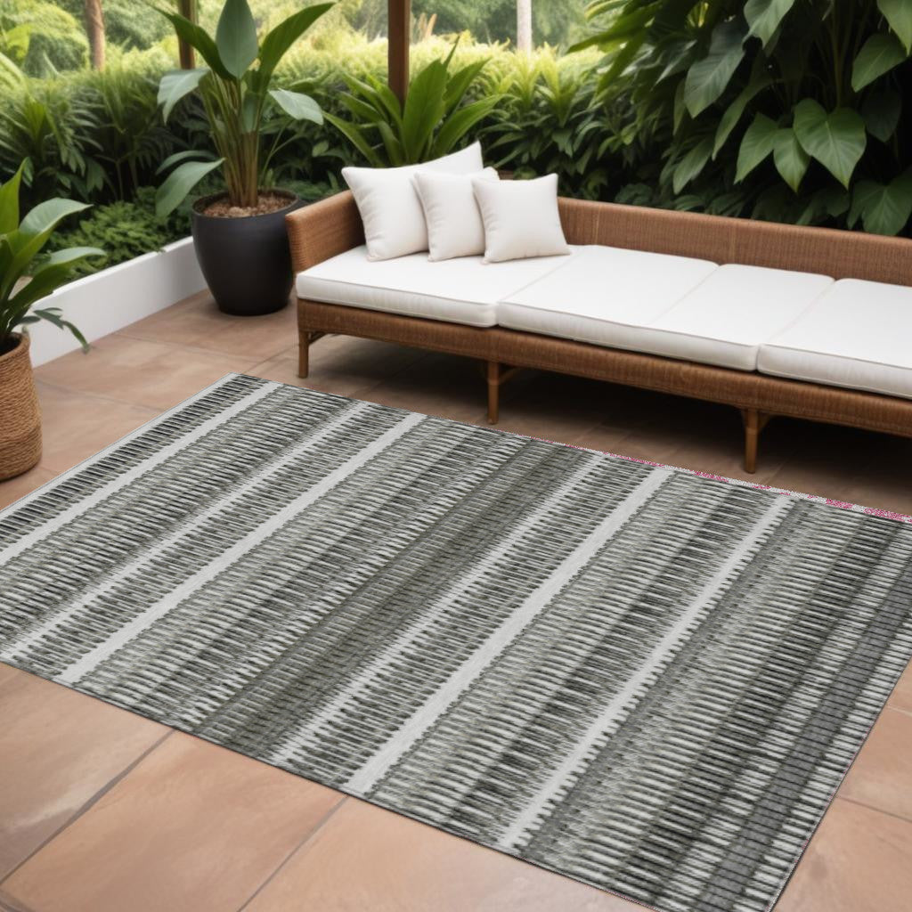9' X 12' Gray Charcoal And Ivory Striped Washable Indoor Outdoor Area Rug