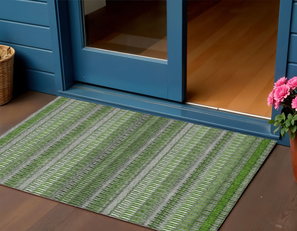 3' X 5' Green And Ivory Striped Washable Indoor Outdoor Area Rug