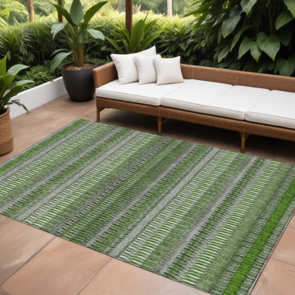 9' X 12' Green And Ivory Striped Washable Indoor Outdoor Area Rug