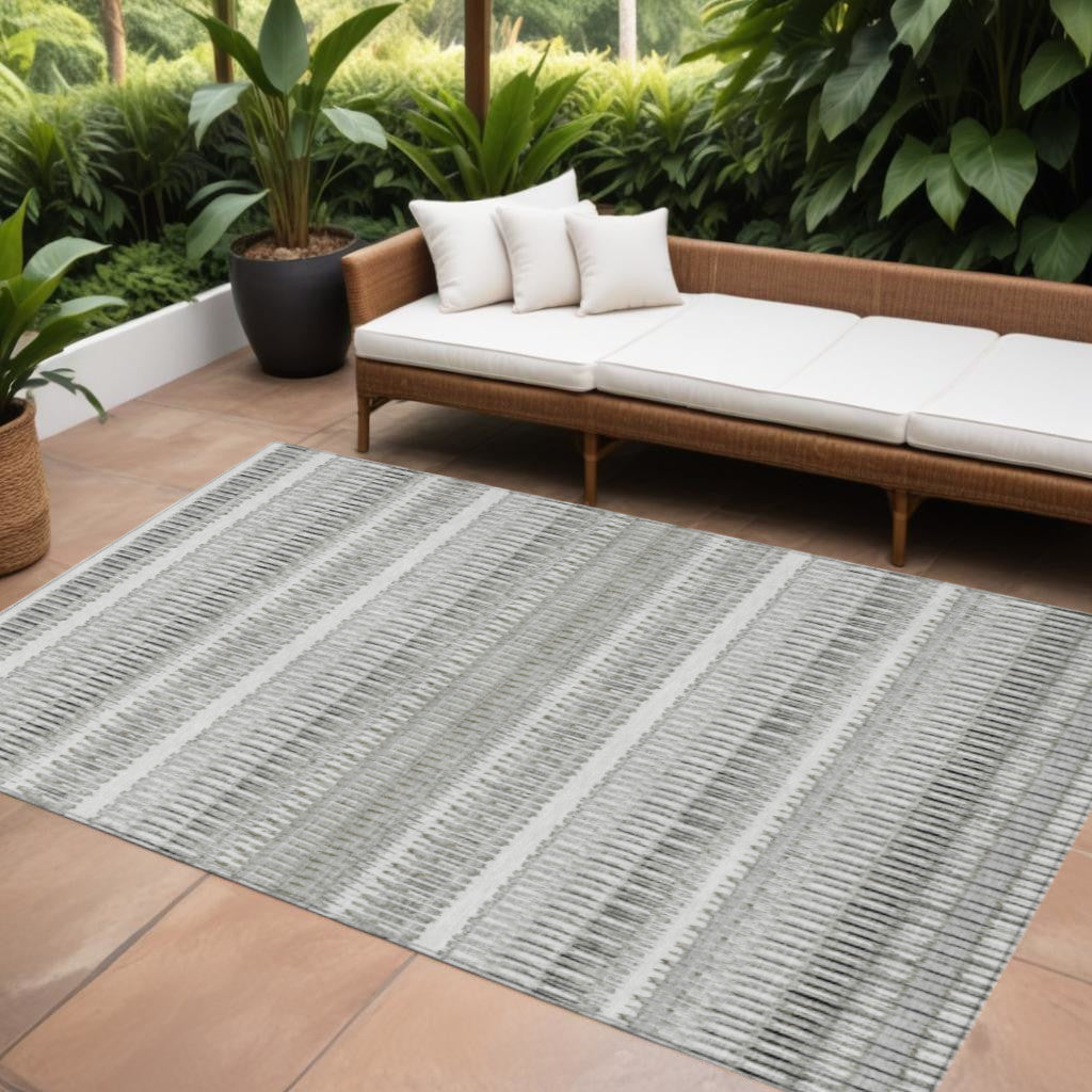 9' X 12' Ivory Gray And Taupe Striped Washable Indoor Outdoor Area Rug