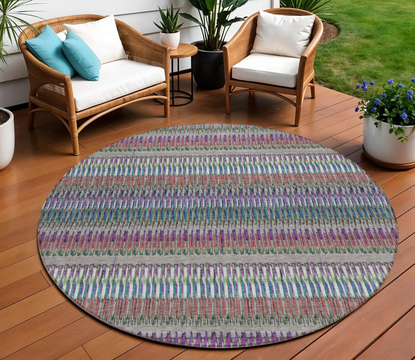 8' Taupe Purple And Blue Round Striped Washable Indoor Outdoor Area Rug