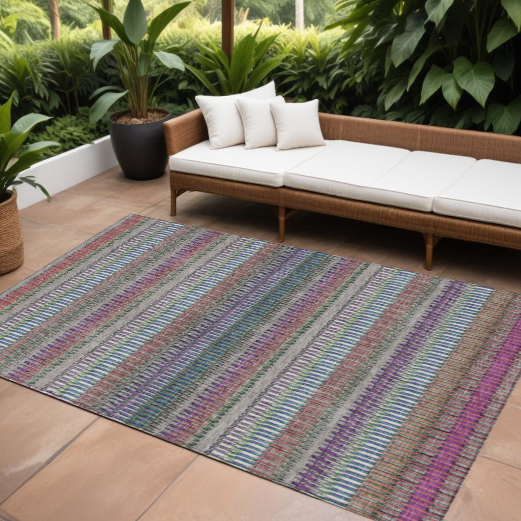 9' X 12' Taupe Purple And Blue Striped Washable Indoor Outdoor Area Rug