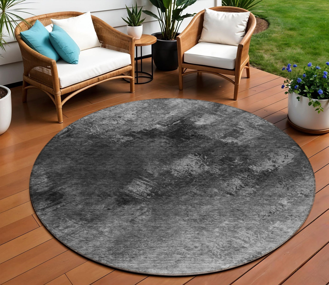 8' Gray Charcoal And Silver Round Abstract Washable Indoor Outdoor Area Rug