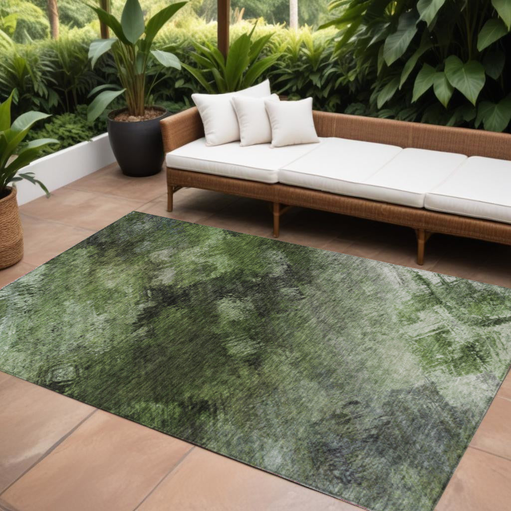 9' X 12' Green And Ivory Abstract Washable Indoor Outdoor Area Rug