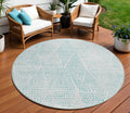8' Aqua And Ivory Round Geometric Washable Indoor Outdoor Area Rug