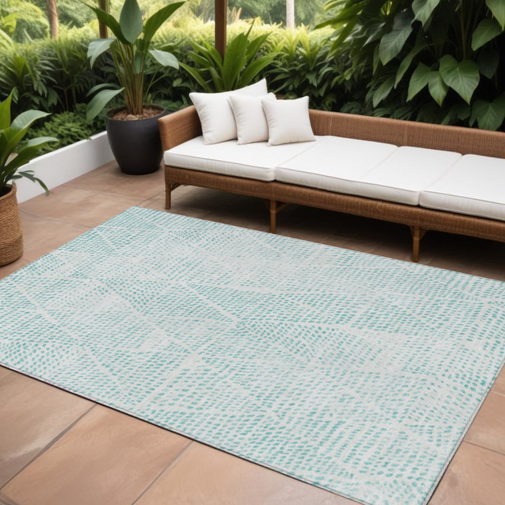 10' X 14' Aqua And Ivory Geometric Washable Indoor Outdoor Area Rug