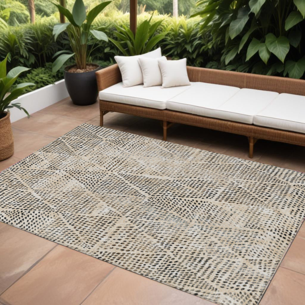 10' X 14' Beige Ivory And Black Geometric Washable Indoor Outdoor Area Rug