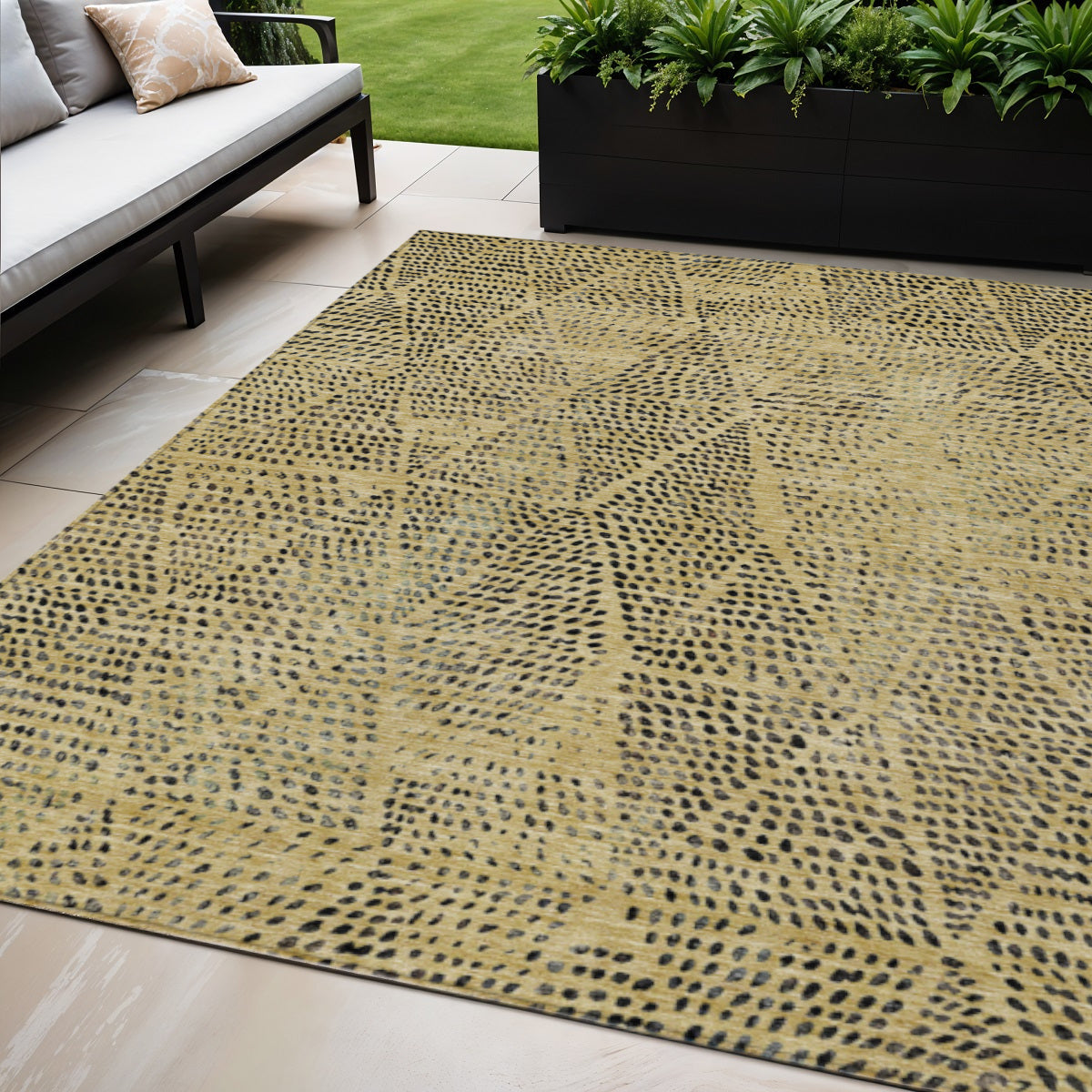 5' X 8' Gold Black And Charcoal Geometric Washable Indoor Outdoor Area Rug