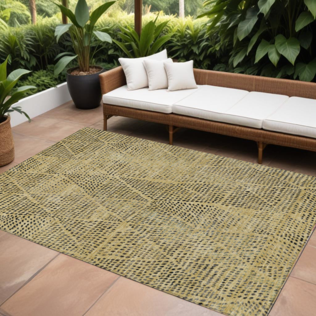 9' X 12' Gold Black And Charcoal Geometric Washable Indoor Outdoor Area Rug