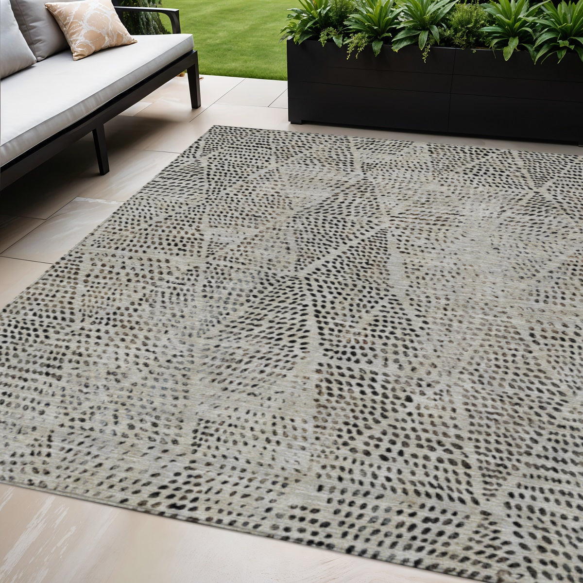 5' X 8' Gray Beige And Black Geometric Washable Indoor Outdoor Area Rug