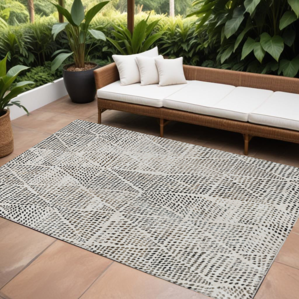 9' X 12' Ivory Charcoal And Beige Geometric Washable Indoor Outdoor Area Rug