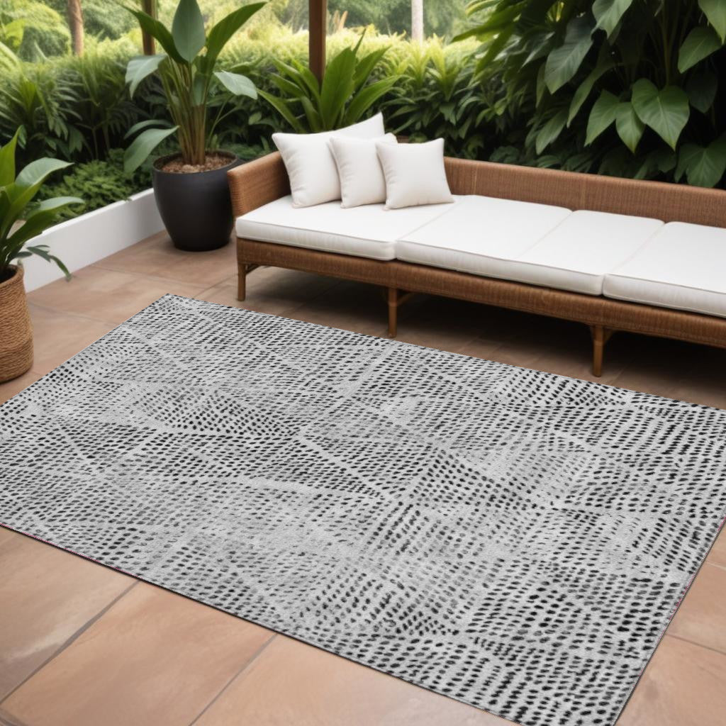 8' X 10' Pewter Charcoal And Ivory Geometric Washable Indoor Outdoor Area Rug