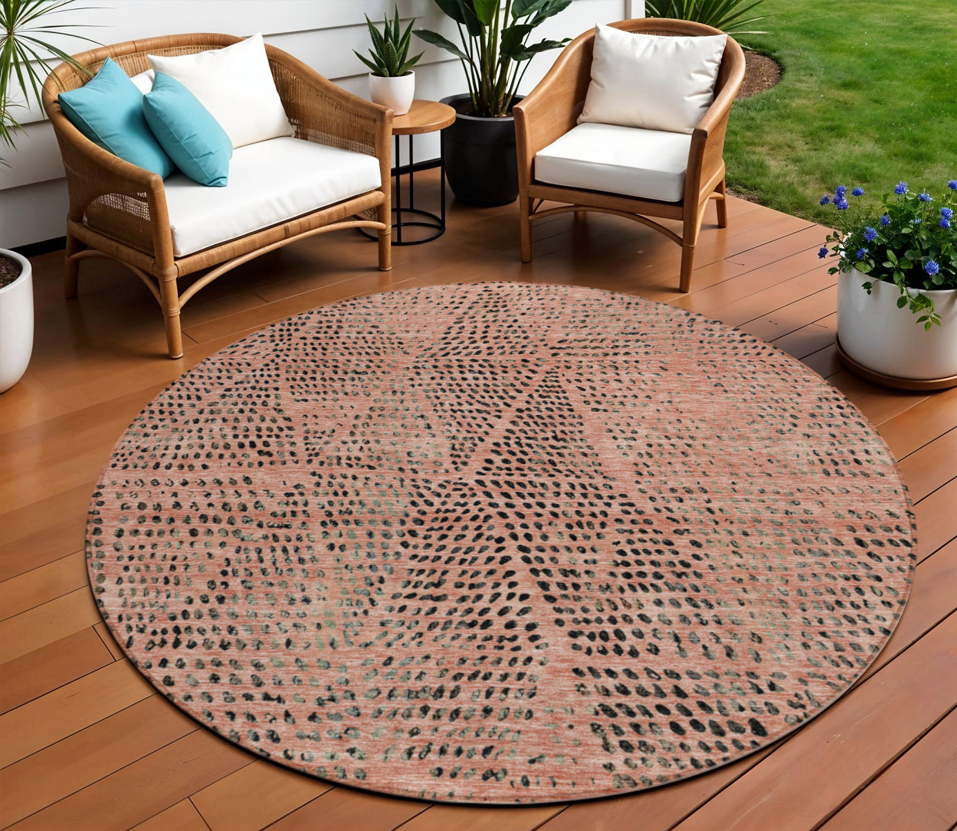 8' Salmon Charcoal And Beige Round Geometric Washable Indoor Outdoor Area Rug