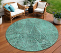 8' Teal Blue And Charcoal Round Geometric Washable Indoor Outdoor Area Rug