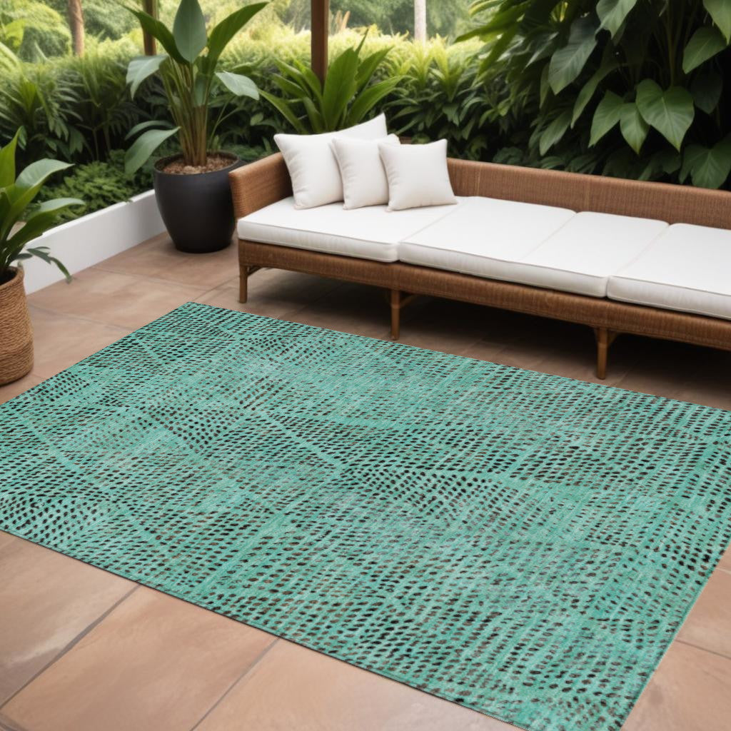 10' X 14' Teal Blue And Charcoal Geometric Washable Indoor Outdoor Area Rug