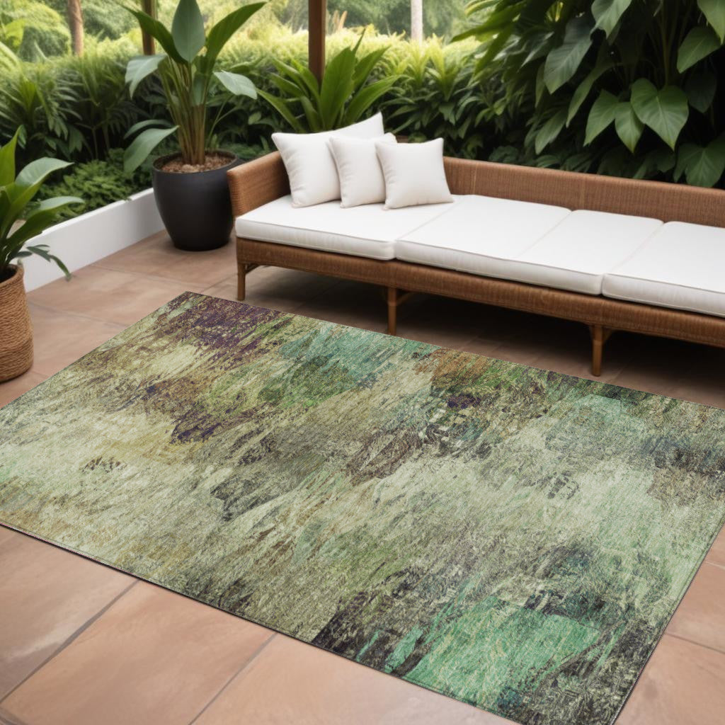 10' X 14' Beige Green And Artichoke Green Abstract Washable Indoor Outdoor Area Rug