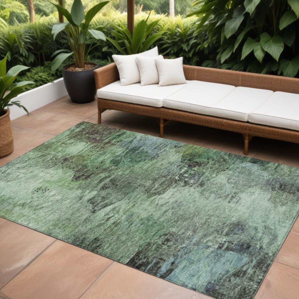 9' X 12' Green And Brown Abstract Washable Indoor Outdoor Area Rug