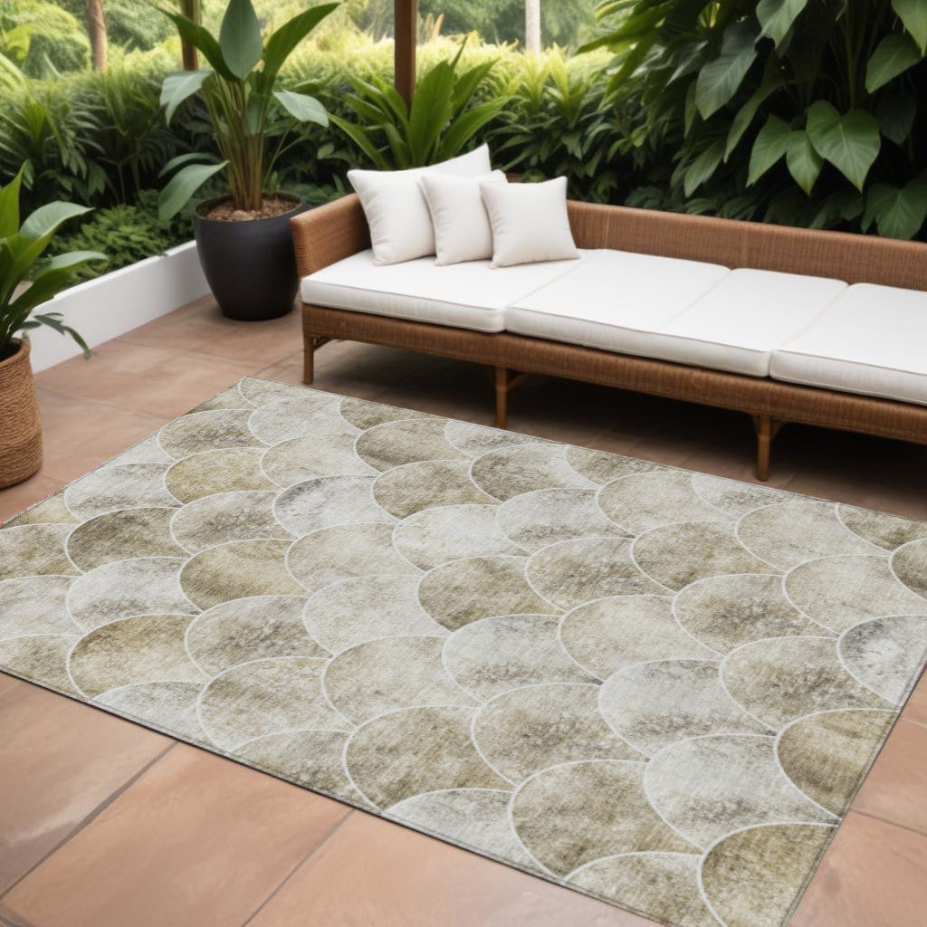 9' X 12' Beige Ivory And Tan Abstract Washable Indoor Outdoor Area Rug