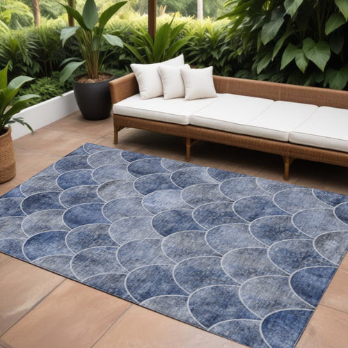 10' X 14' Denim Blue And Gray Abstract Washable Indoor Outdoor Area Rug