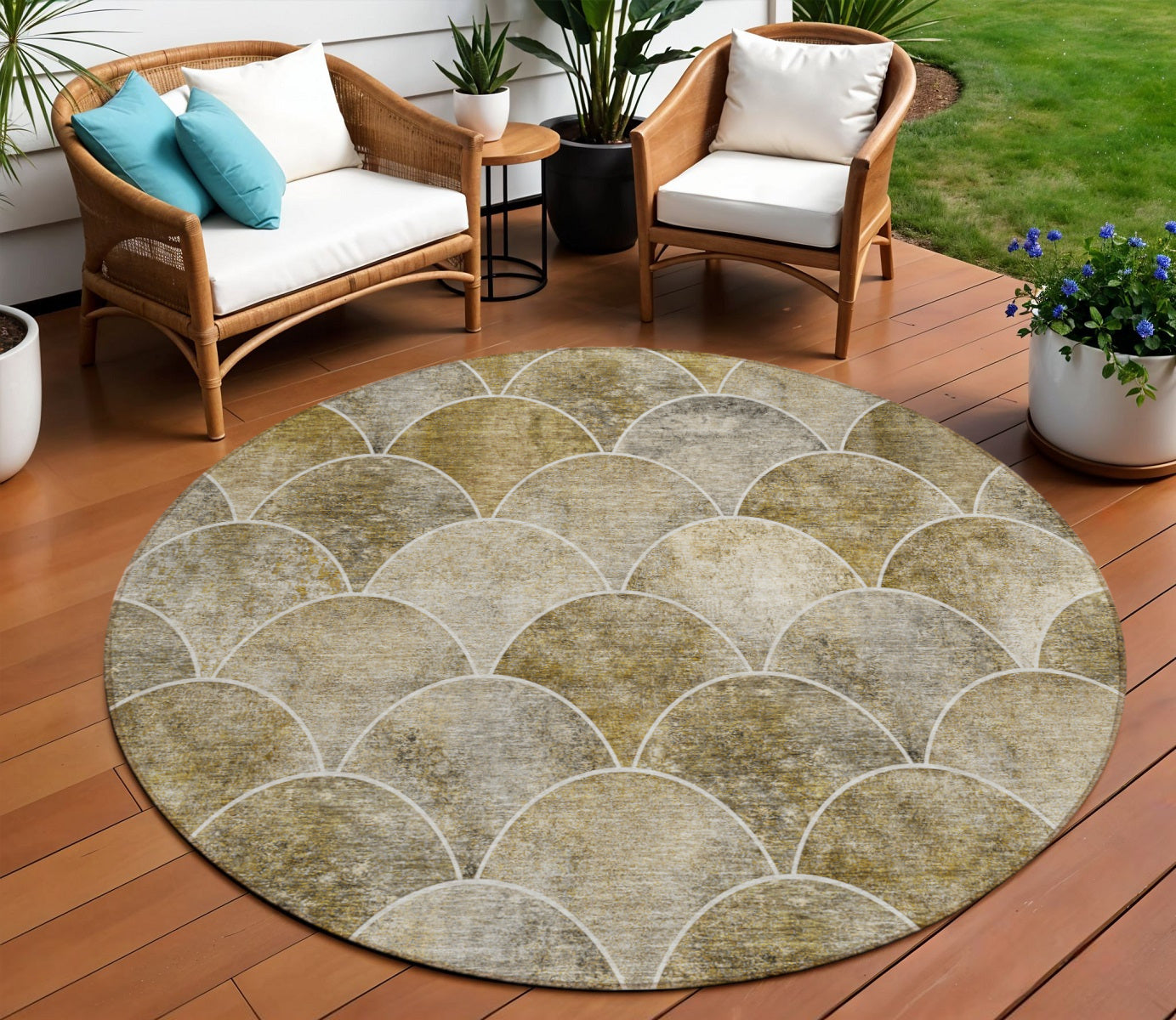 8' Taupe Beige And Gray Round Abstract Washable Indoor Outdoor Area Rug