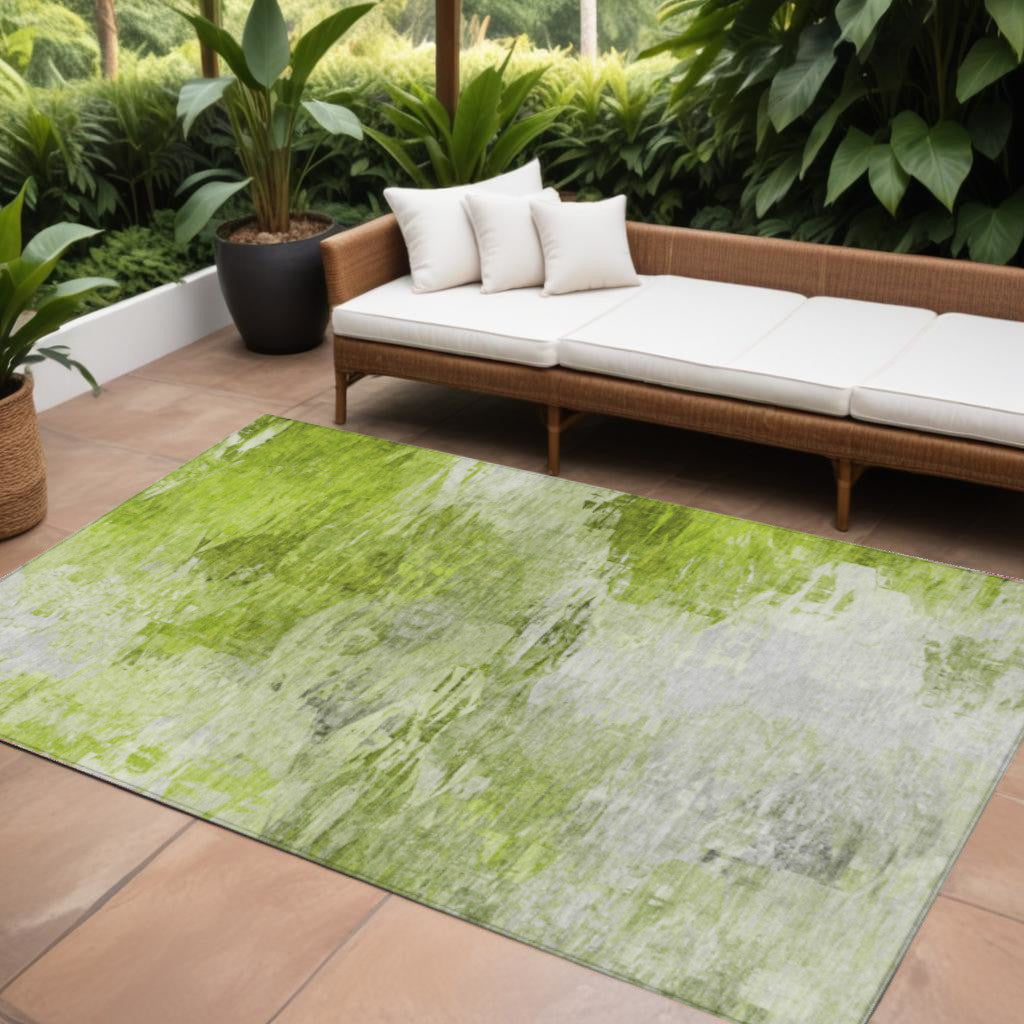 9' X 12' Artichoke Green And Lime Green Abstract Washable Indoor Outdoor Area Rug