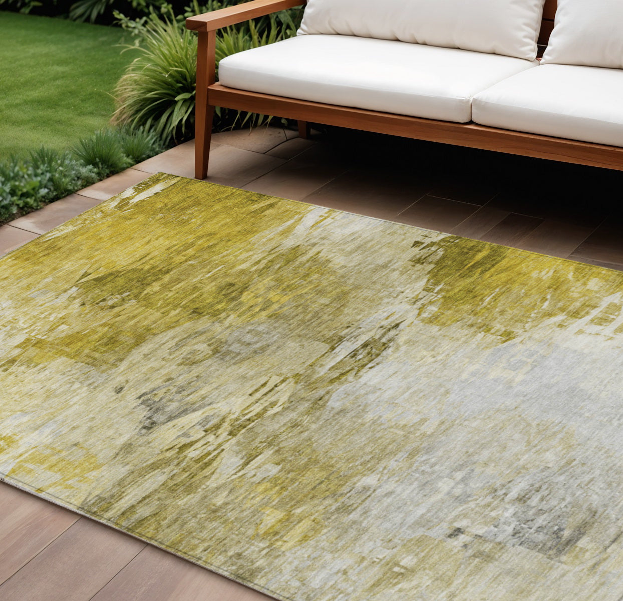 9' X 12' Gold Beige And Wheat Abstract Washable Indoor Outdoor Area Rug
