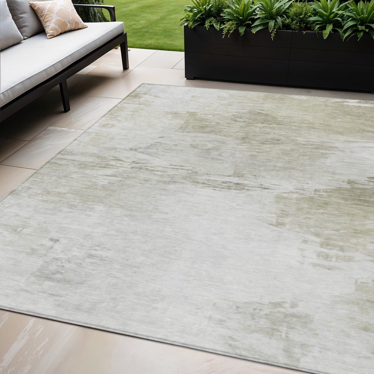 5' X 8' Ivory Beige And Taupe Abstract Washable Indoor Outdoor Area Rug