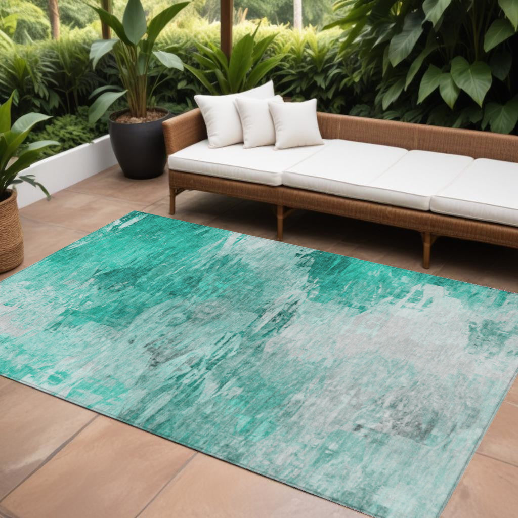9' X 12' Teal Blue Aqua And Silver Abstract Washable Indoor Outdoor Area Rug