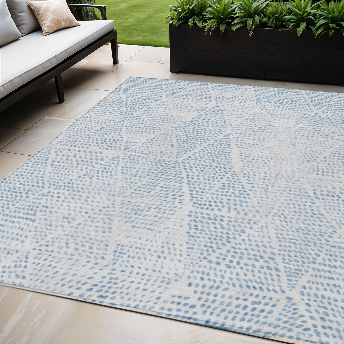 5' X 8' Denim Blue Ivory And Gray Geometric Washable Indoor Outdoor Area Rug