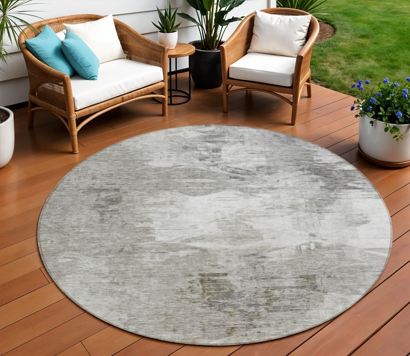 8' Beige Tan And Gray Round Abstract Washable Indoor Outdoor Area Rug