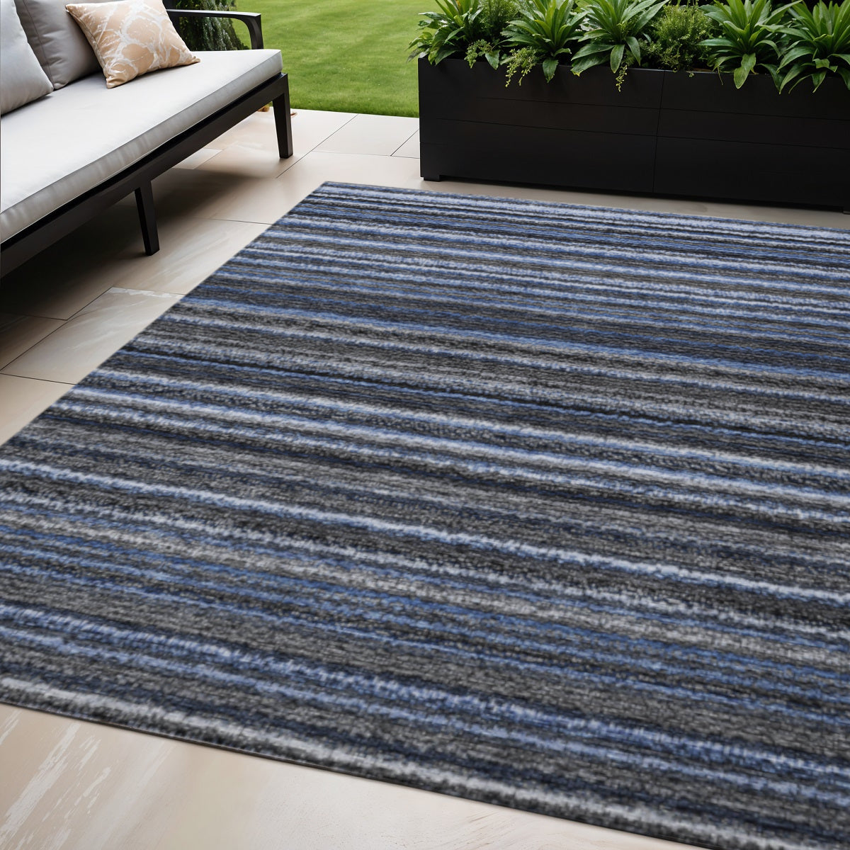 5' X 8' Denim Blue And Gray Striped Washable Indoor Outdoor Area Rug