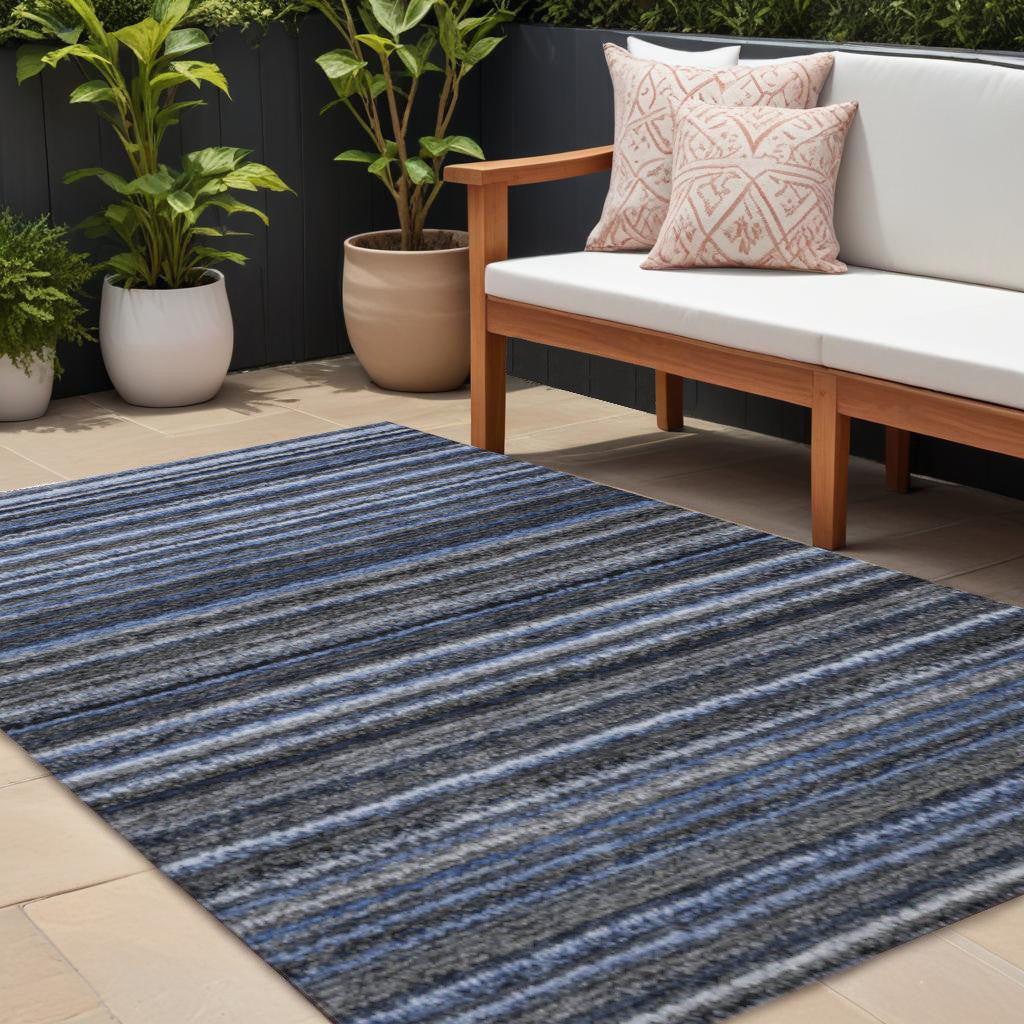 9' X 12' Denim Blue And Gray Striped Washable Indoor Outdoor Area Rug