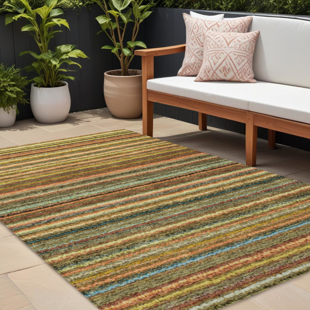 9' X 12' Gold Beige And Wheat Striped Washable Indoor Outdoor Area Rug
