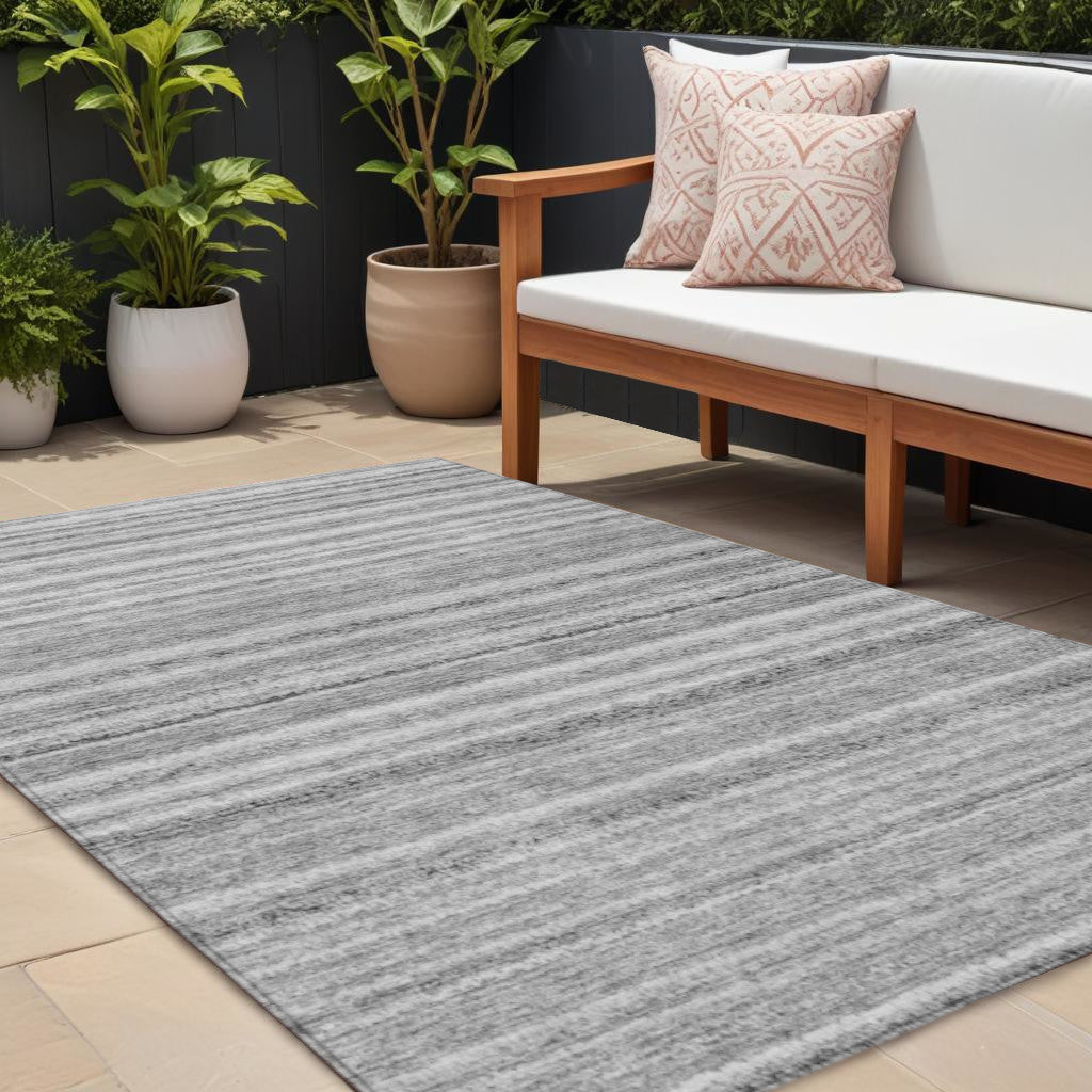 9' X 12' Gray Silver And Charcoal Striped Washable Indoor Outdoor Area Rug