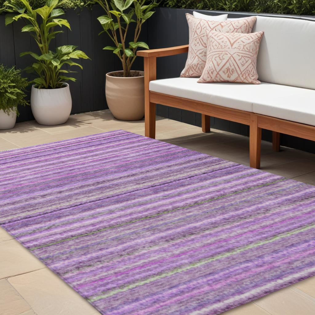9' X 12' Purple Eggplant And Lilac Striped Washable Indoor Outdoor Area Rug