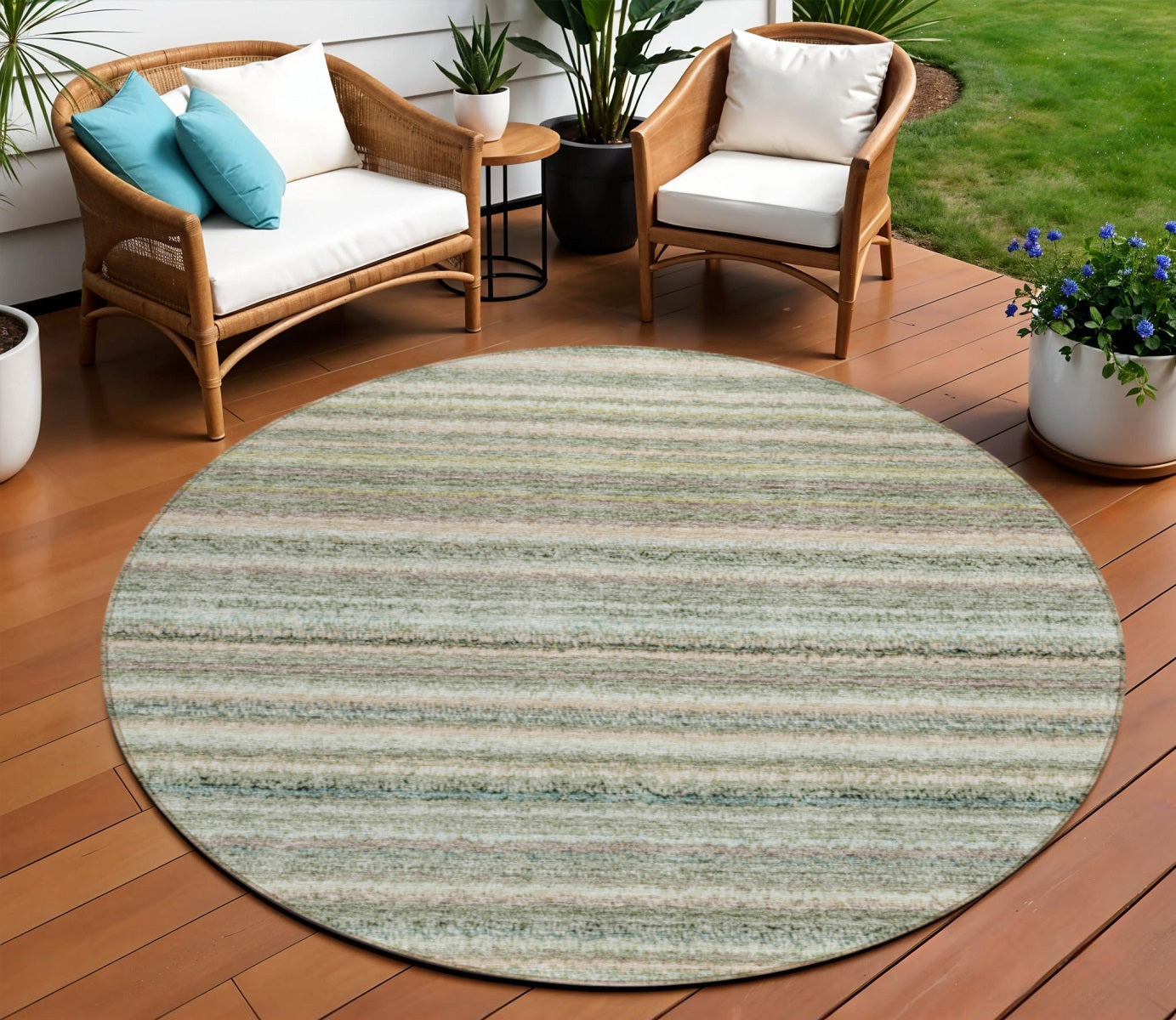 8' Sage Mint Green And Beige Round Striped Washable Indoor Outdoor Area Rug