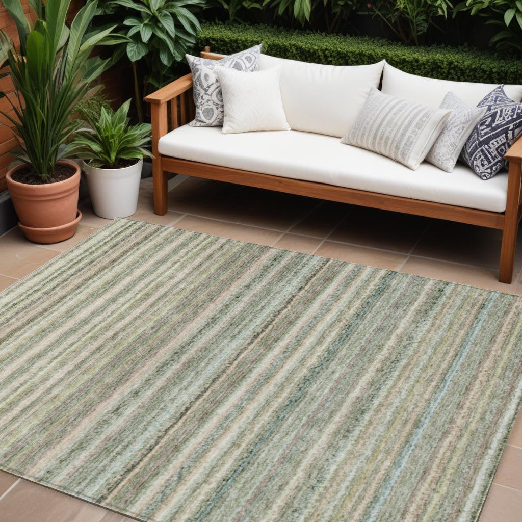 9' X 12' Sage Mint Green And Beige Striped Washable Indoor Outdoor Area Rug