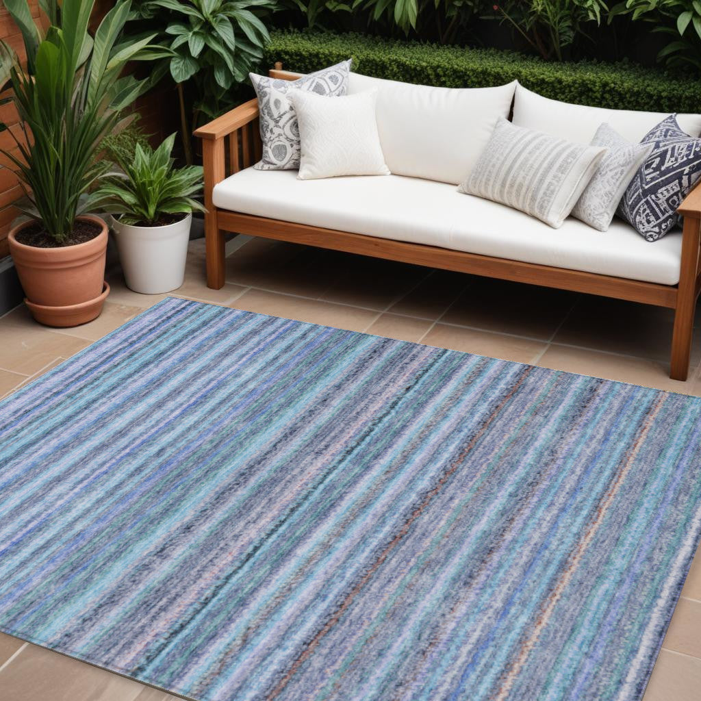 9' X 12' Sky Blue And Navy Blue Striped Washable Indoor Outdoor Area Rug