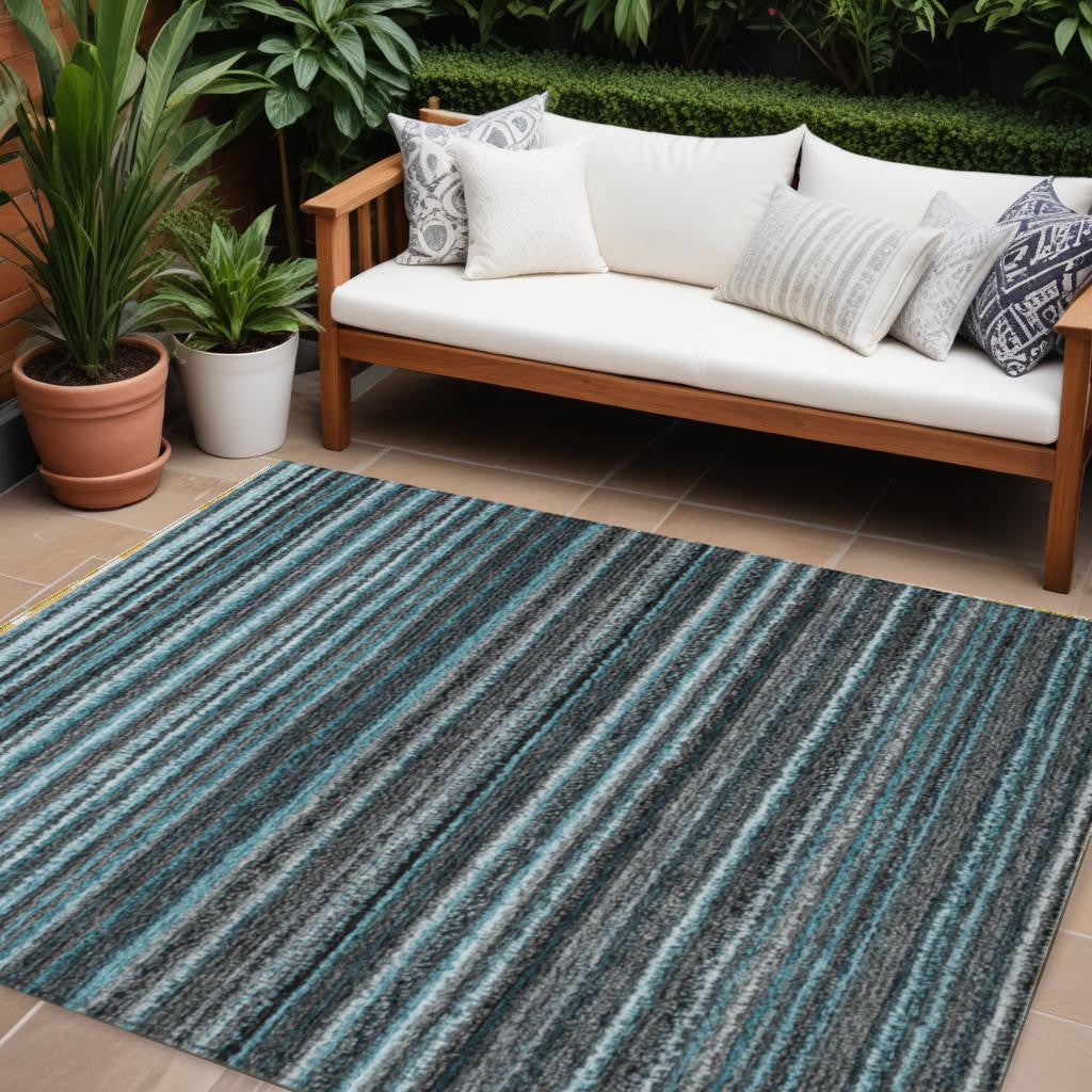 9' X 12' Teal Blue Sky Blue And Gray Striped Washable Indoor Outdoor Area Rug