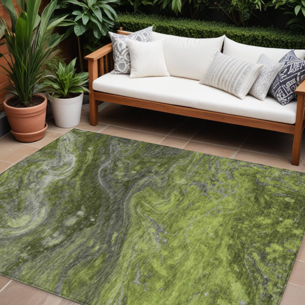 9' X 12' Olive Green And Lime Green Abstract Washable Indoor Outdoor Area Rug