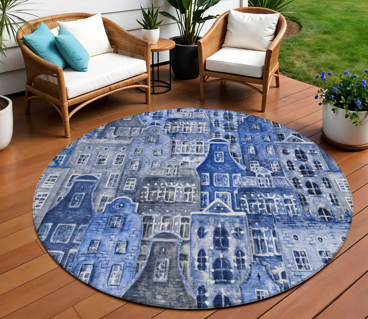 8' Navy Blue And Sky Blue Round Village Houses Washable Indoor Outdoor Area Rug