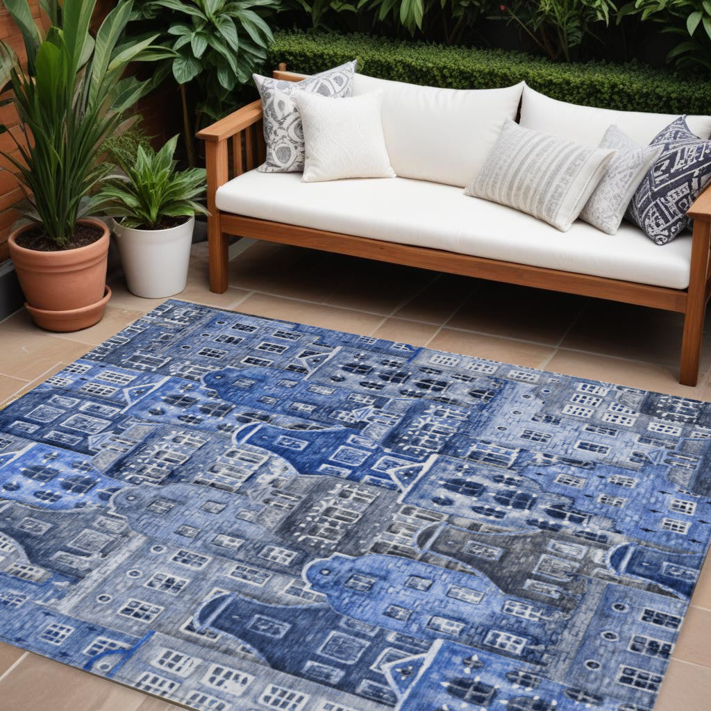 9' X 12' Navy Blue And Sky Blue Village Houses Washable Indoor Outdoor Area Rug