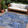 9' X 12' Navy Blue And Sky Blue Village Houses Washable Indoor Outdoor Area Rug