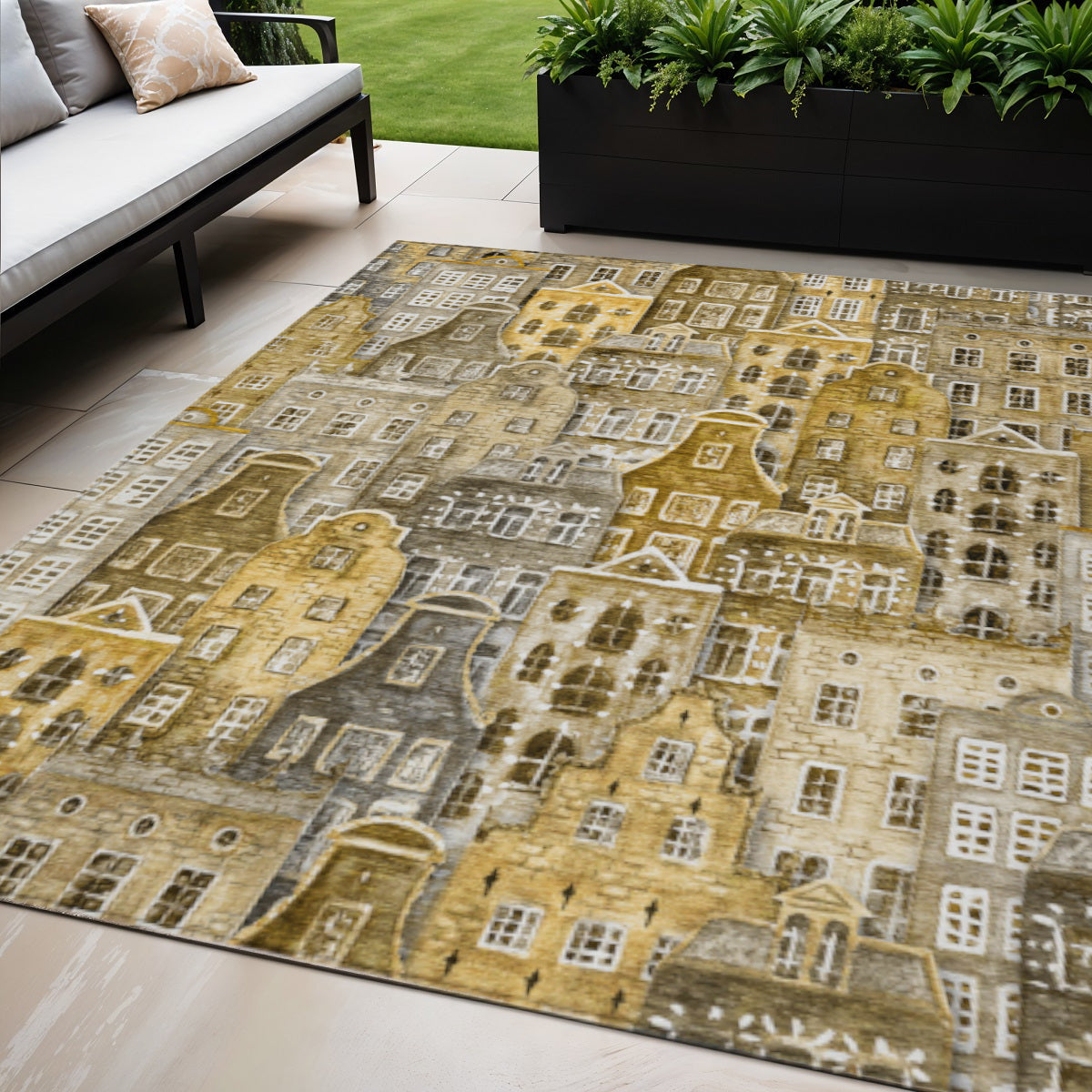 5' X 8' Brown Taupe And Gold Village Houses Washable Indoor Outdoor Area Rug