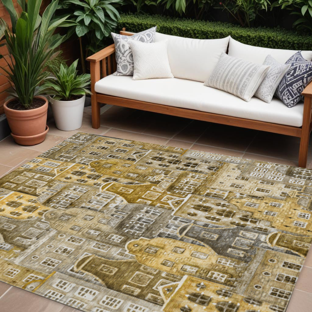 10' X 14' Brown Taupe And Gold Village Houses Washable Indoor Outdoor Area Rug