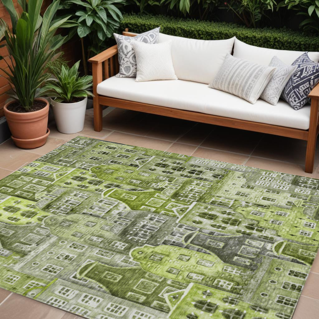 9' X 12' Green And Lime Green Village Houses Washable Indoor Outdoor Area Rug