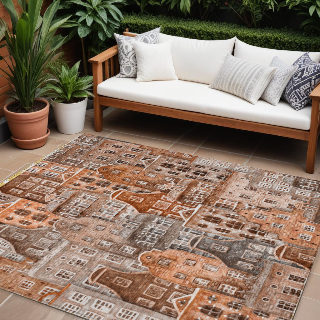 9' X 12' Orange Copper And Salmon Village Houses Washable Indoor Outdoor Area Rug